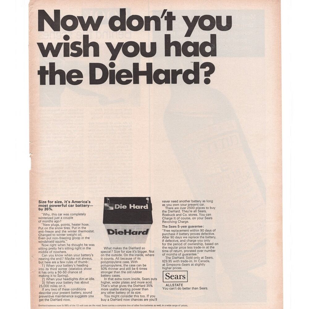 Sears Die Hard Car Battery Magazine Advertisement 1968 Vintage B&W Automobilia